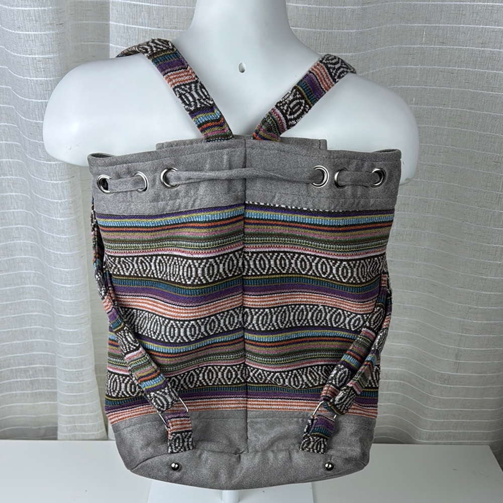 Gray Geometric Pattern Backpack With Drawstring C… - image 2